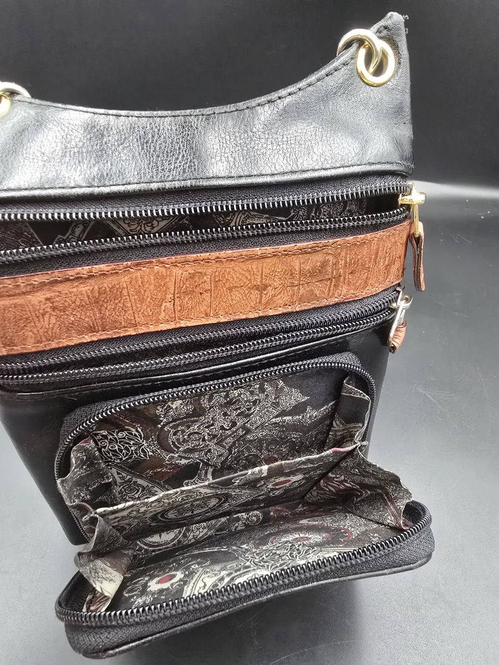 Two-Tone Black & Brown Crossbody Organizer with Gold Hardware